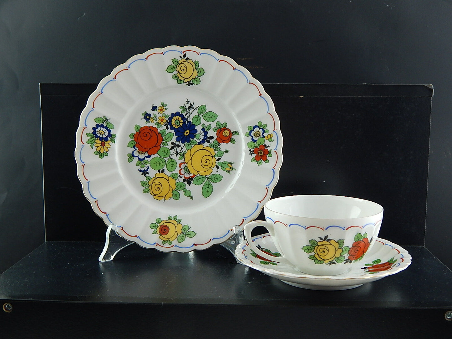 ANTICO SET TRIO TAZZA TÈ 2 PIATTI PORCELLANA WÜRTTEMBERG BAUER & PFEIFFER