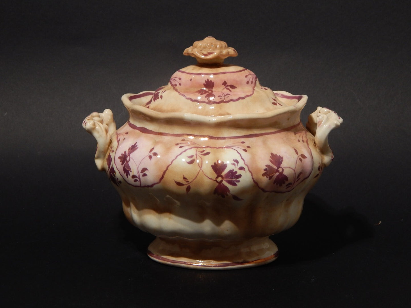 ANTICA GEORGIANA POTICHE PORCELLANA LUSTRO ROSA STAFFORDSHIRE PRIMA META' 1800