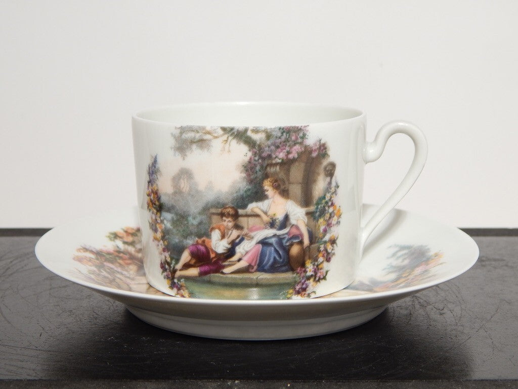 ANTICA PRIMA META' 900 LIMOGES TAZZA TE' PORCELLANA BIANCA CON SCENA GALANTE #