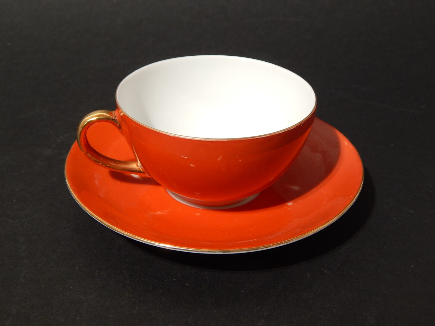 ANTICA RETRO' PREZIOSA TAZZINA PORCELLANA COLORE ARANCIO E ORO