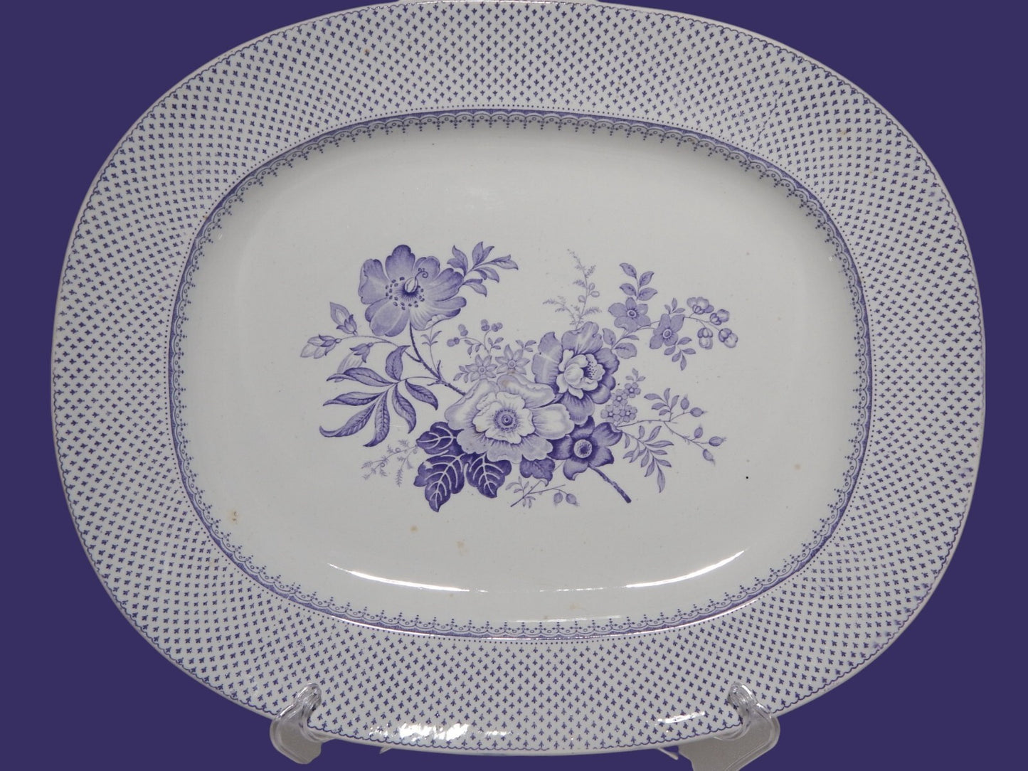 ANTICO GRANDE VASSOIO CERAMICA STAFFORDSHIRE PRIMAVESI 1860 ERMINE BORDER VIOLA