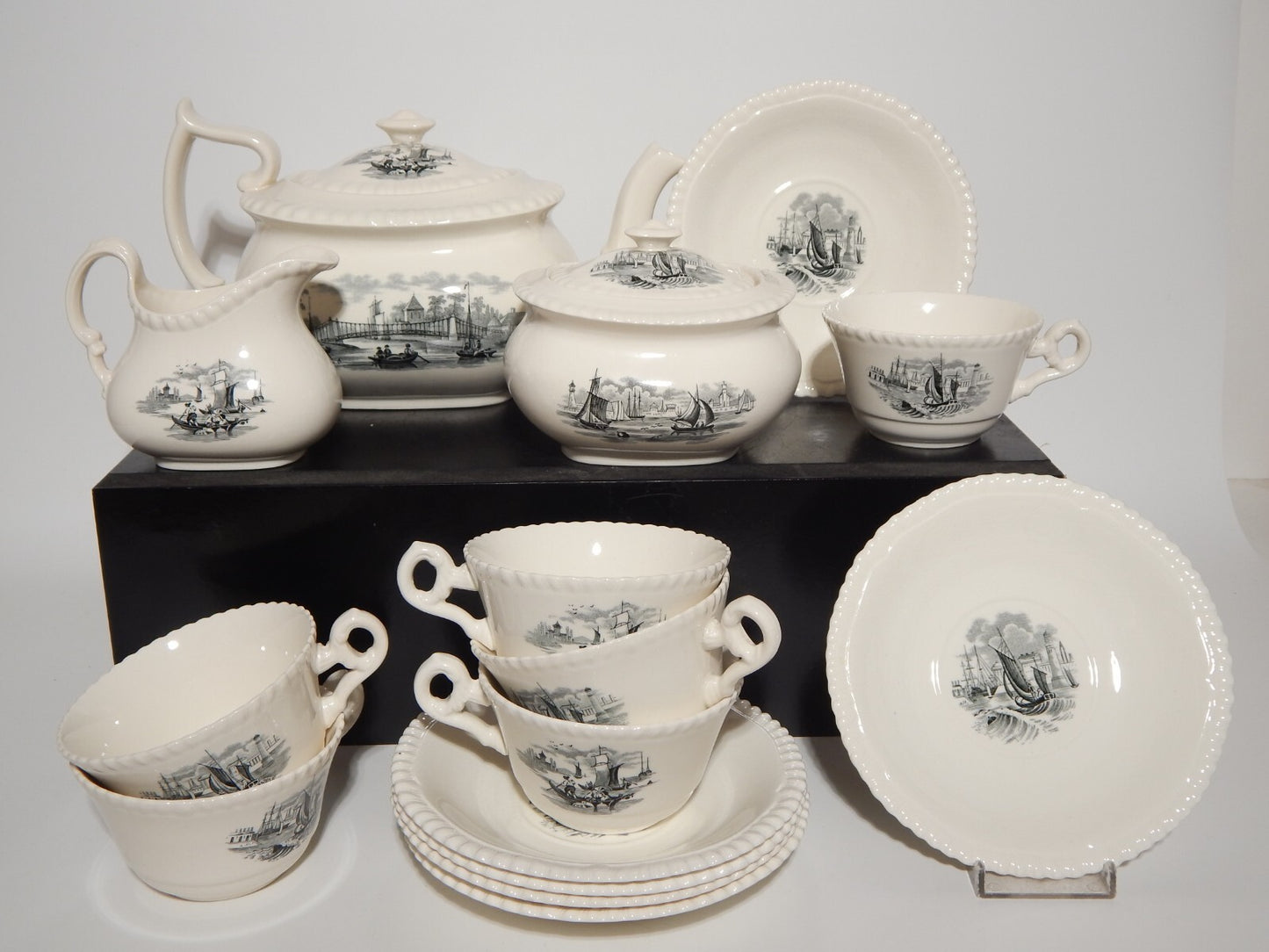 ANTICO RARO SERVIZIO TE' INGLESE SEMI PORCELLANA COPELAND SPODE PAESAGGIO MARINO