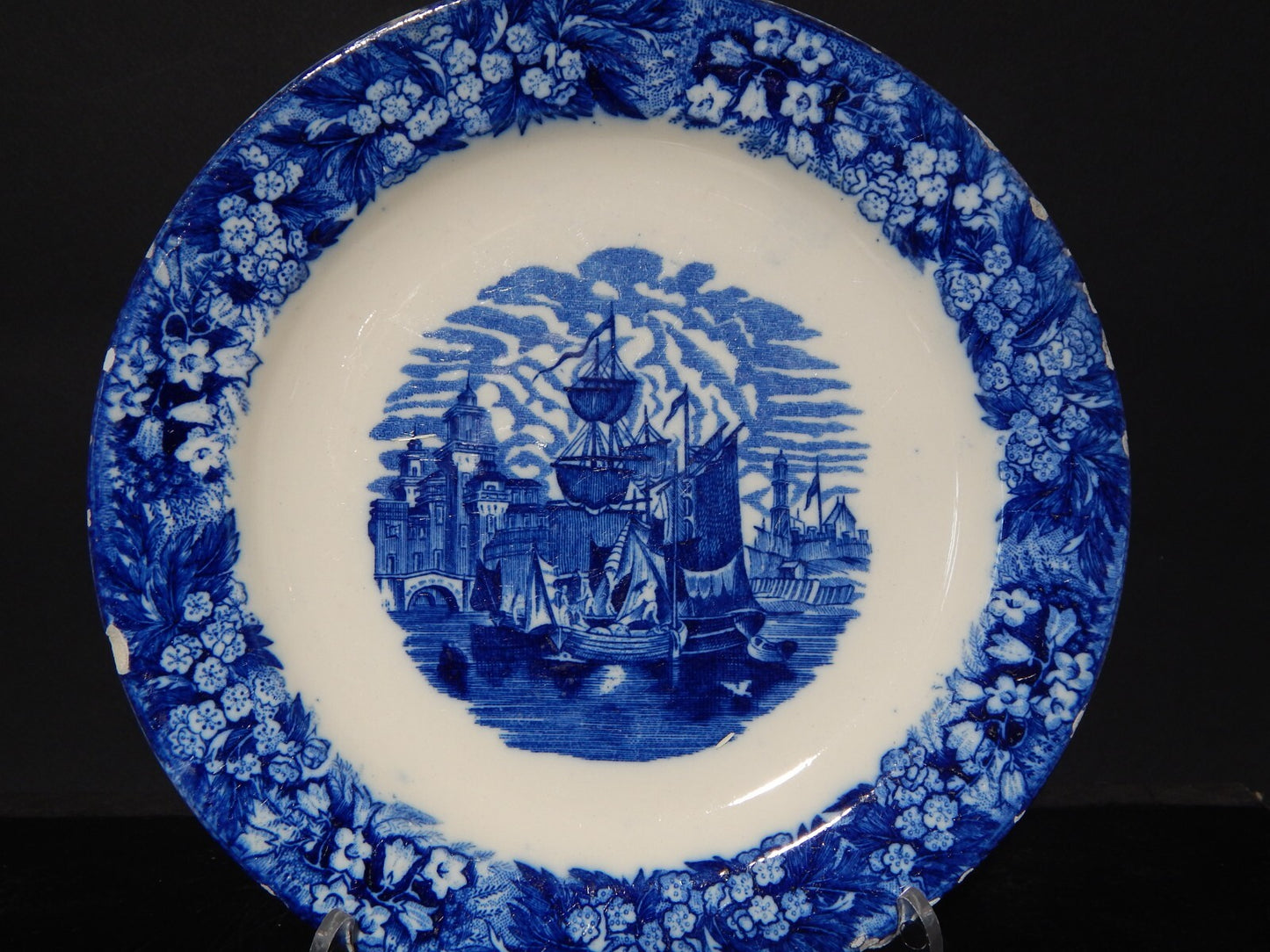 ANTICO RARO PIATTO PORCELLANA INGLESE "FERRARA" META' 1800 BIANCO BLU COLLEZIONE
