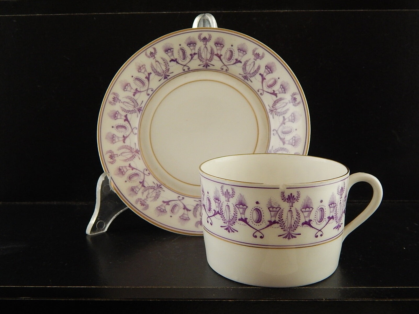 ANTICA PREZIOSA TAZZA TE' STILE IMPERO IN PORCELLANA BIANCA DECORATA VIOLA ORO