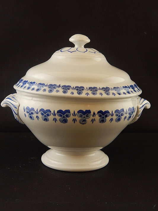 ANTICA PRIMO 900 ZUPPIERA CENTROTAVOLA PORCELLANA BIANCA VIOLE DEL PENSIERO BLU