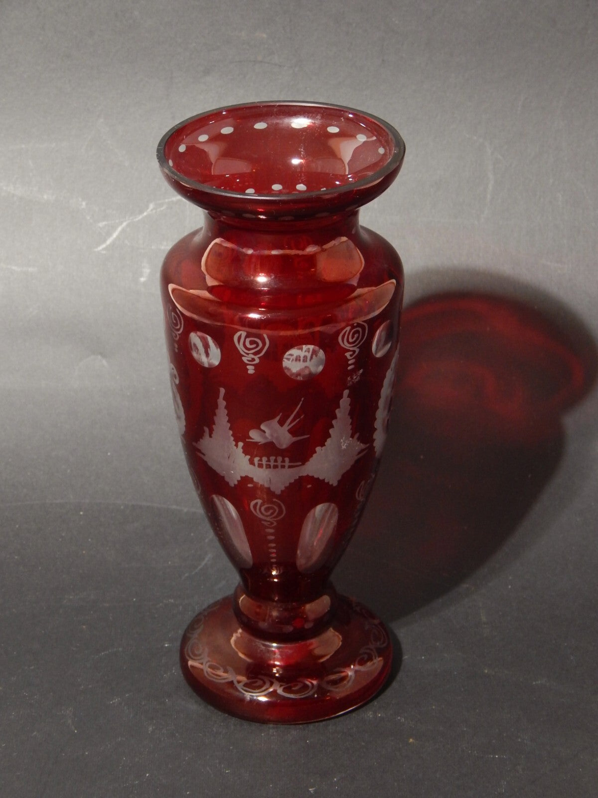 ANTICO PREZIOSO VASO CRISTALLO DI BOEMIA ROSSO RUBINO INCISO BIEDERMEIER