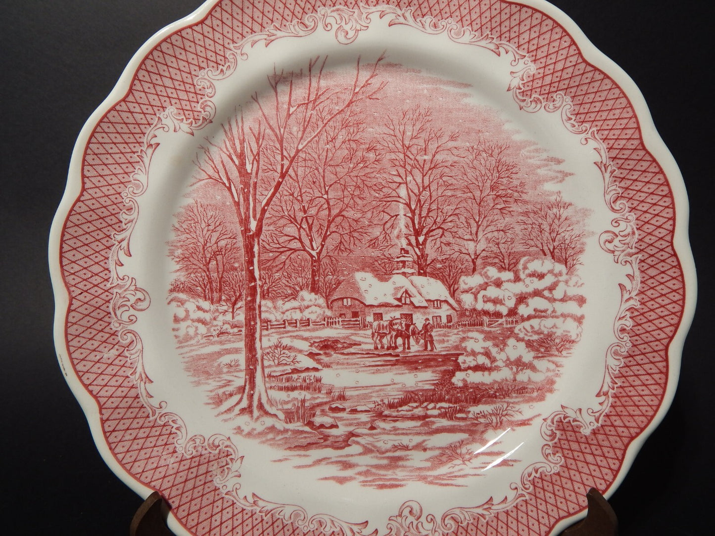 VINTAGE PIATTO CERAMICA FONTEBASSO PAESAGGIO BIANCO ROSSO SWISS LANDSCAPE CM 25