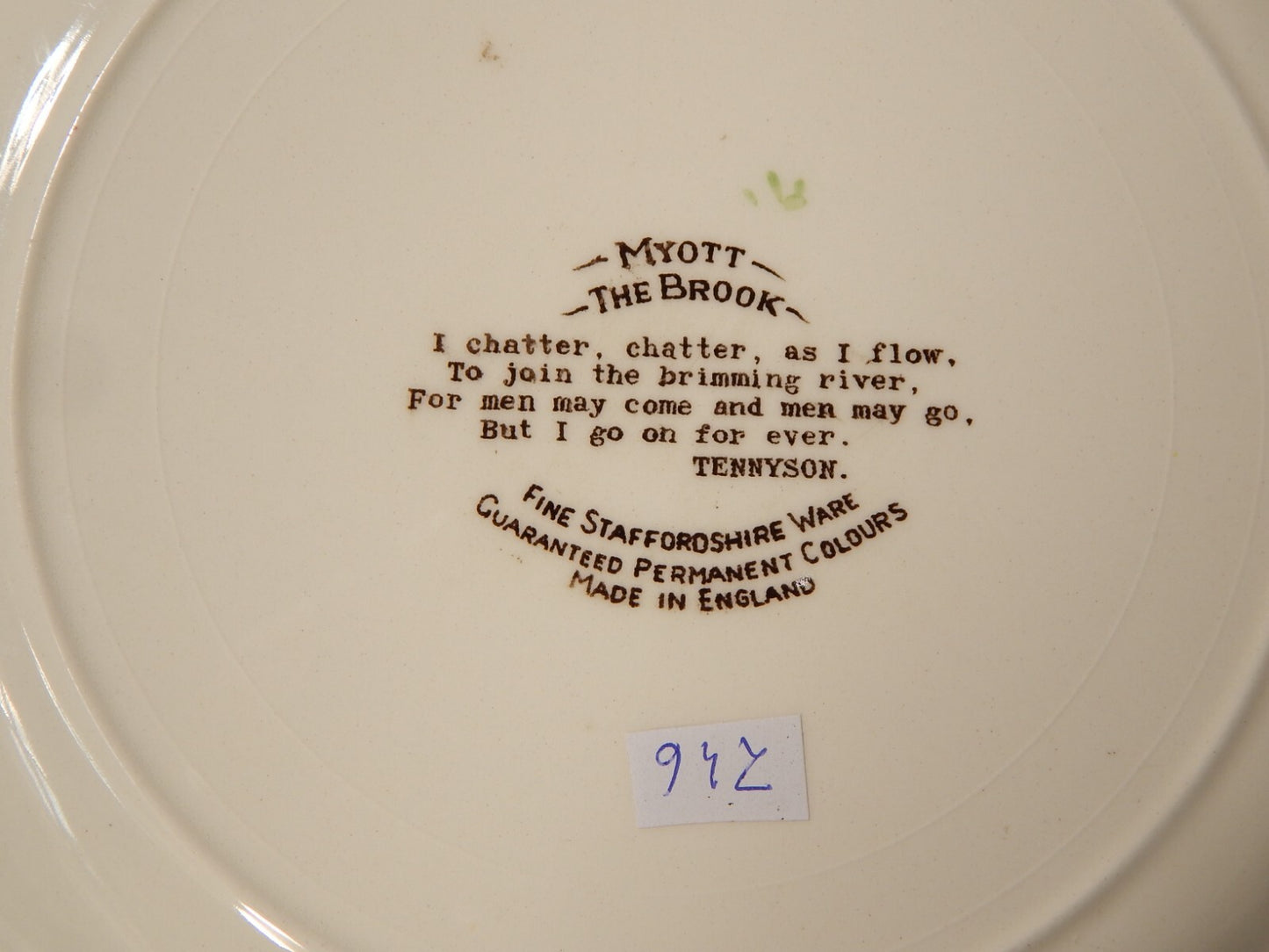 PIATTO PORCELLANA VINTAGE THE BROOK MYOTT STAFFORDSHIRE ENGLAND TENNYSON