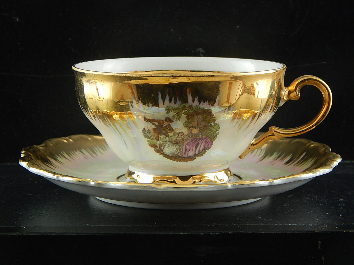 ANTICA TAZZA TE' PORCELLANA ORO BAVARIA SELTMANN THERESIA SCENA GALANTE WATTEAU