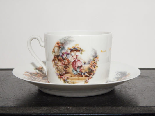 ANTICA PRIMA META' 900 LIMOGES TAZZA TE' PORCELLANA BIANCA CON SCENA GALANTE #