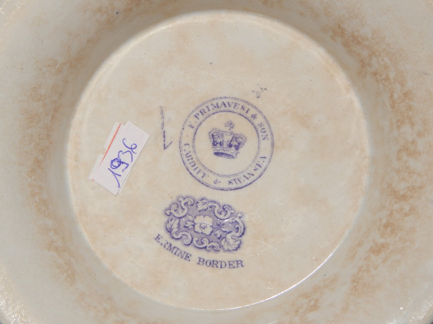 ANTICA LEGUMIERA CENTROTAVOLA CERAMICA INGLESE PRIMAVESI ERMINE BORDER VIOLA #