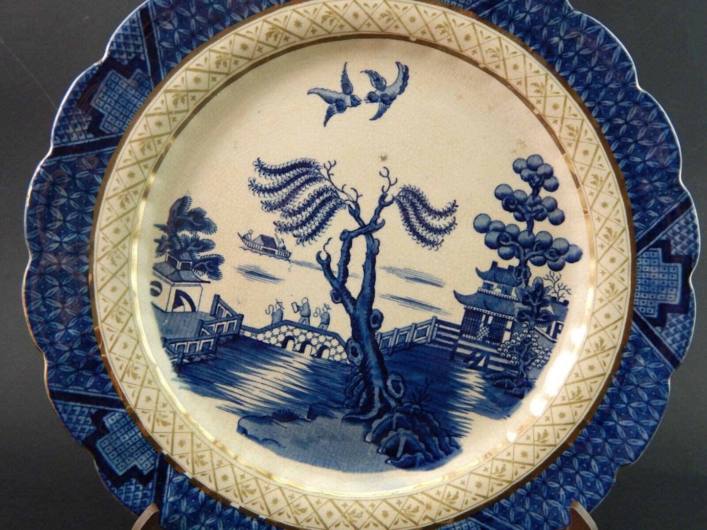 ANTICO REAL OLD WILLOW BOOTHS PIATTO PORCELLANA INGLESE BIANCO BLU E ORO #1801