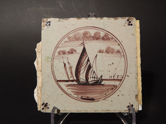 ANTICA PIASTRELLA MATTONELLA CERAMICA DELFT DEL 1700 DECORO AL MANGANESE (475)