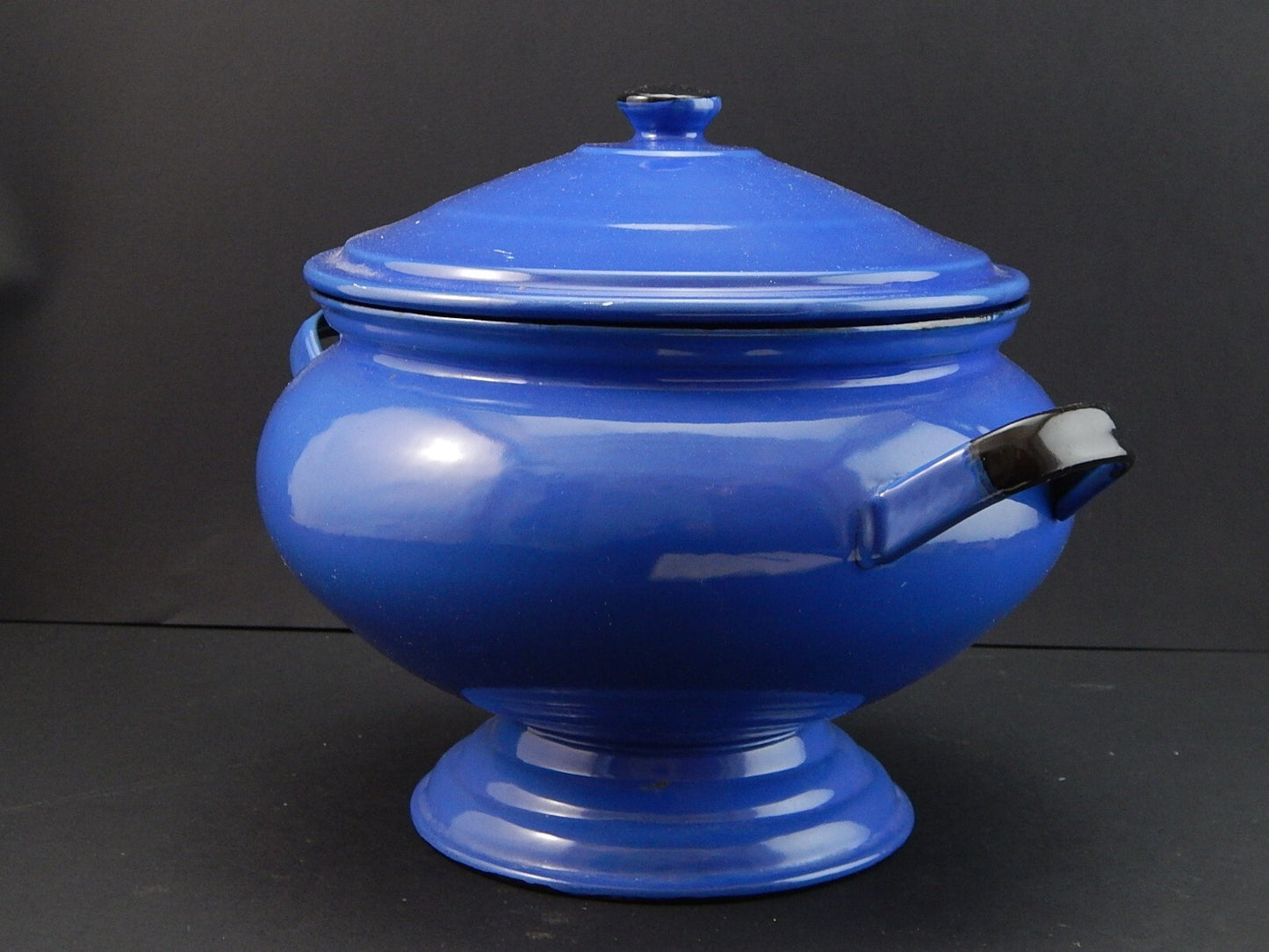 ANTICA RARA ZUPPIERA LATTA SMALTATA PORCELLANATA BLU COBALTO