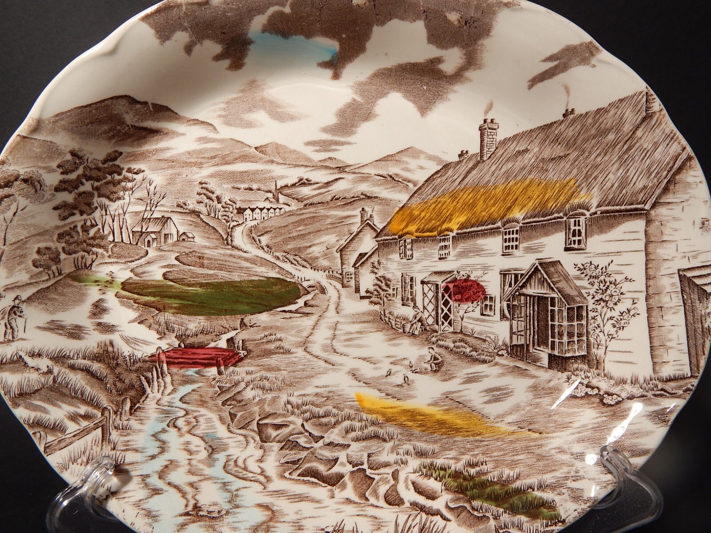 VINTAGE RARO VASSOIO OVALE FONDO CERAMICA W. H. GRINDLEY STAMPA MANO QUIET DAY