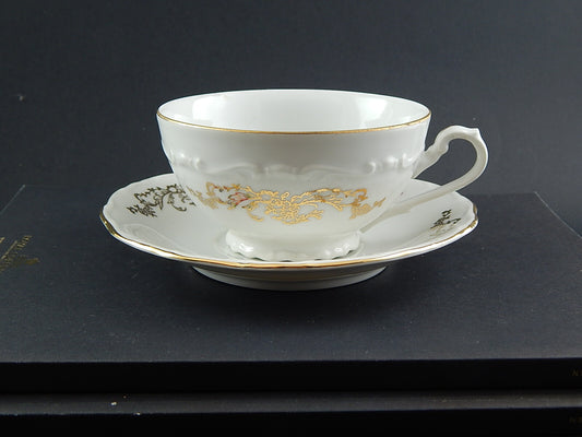 ROCAILLE ANTICA TAZZA CON PIATTO COLAZIONE PORCELLANA BIANCA DECORO ORO BOEMA