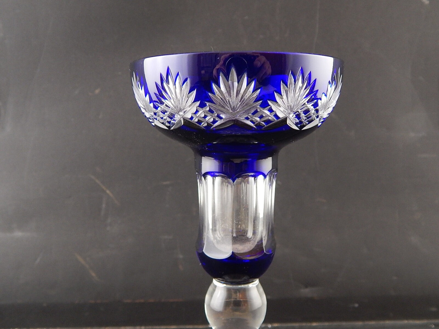 VINTAGE PREZIOSO PORTA CANDELA CRISTALLO ART DECO BOEMIA MOLATO BLU COBALTO