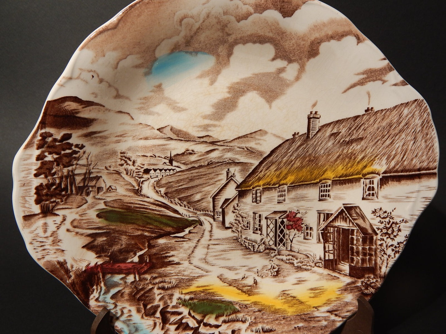 VINTAGE RARO VASSOIO CON MANICI CERAMICA W. H. GRINDLEY STAMPA MANO QUIET DAY