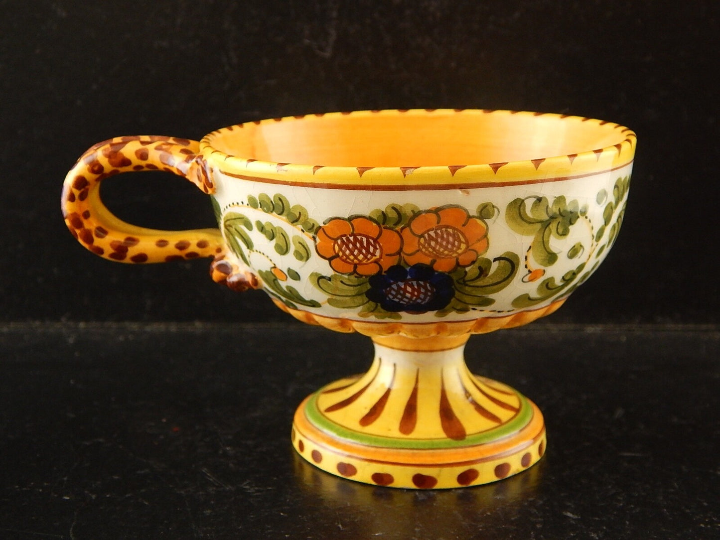 ANTICA TAZZA MAIOLICA CERAMICA POLICROMA FANTECHI ANSA A SERPE PRIMO 900 #8904