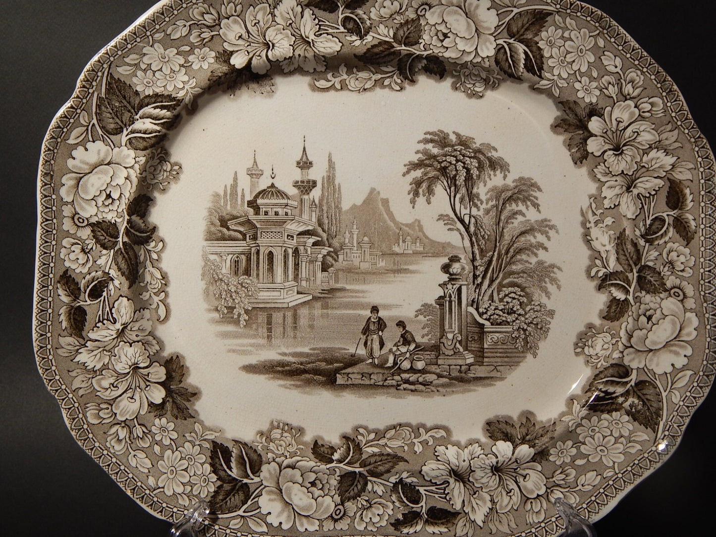 ANTICO VASSOIO CERAMICA POTTERY J. MARSHALL & CO BOSPHORUS STAMPA A MANO MARRONE