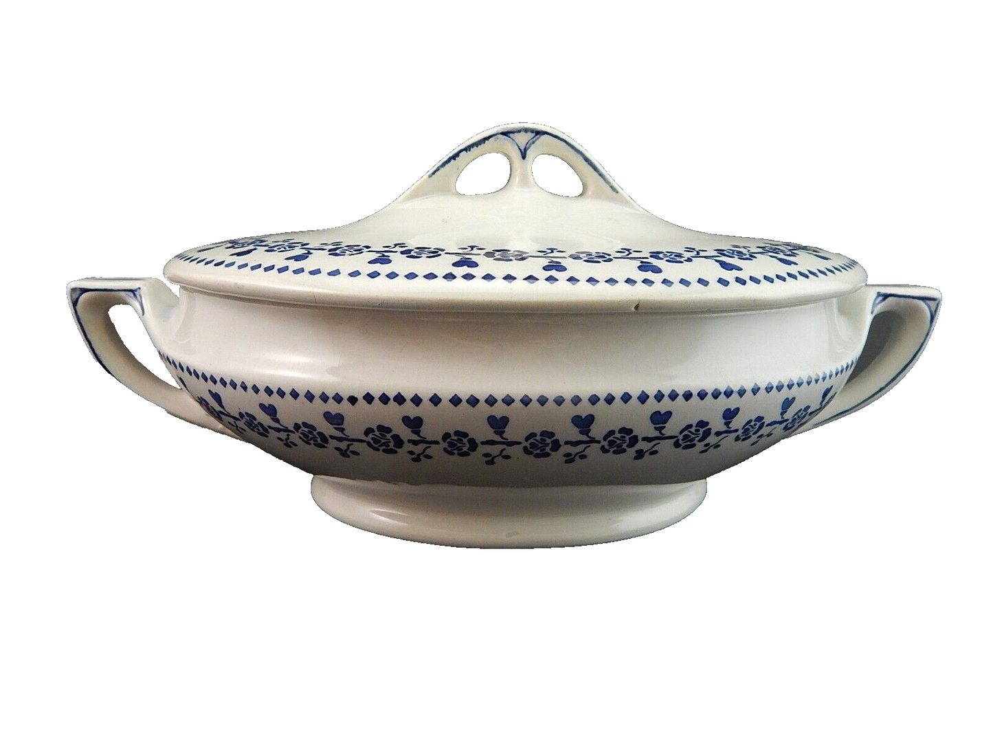 ANTICA ART DECO ZUPPIERA LEGUMIERA SEMI PORCELLANA CECILIE BIANCA E BLU