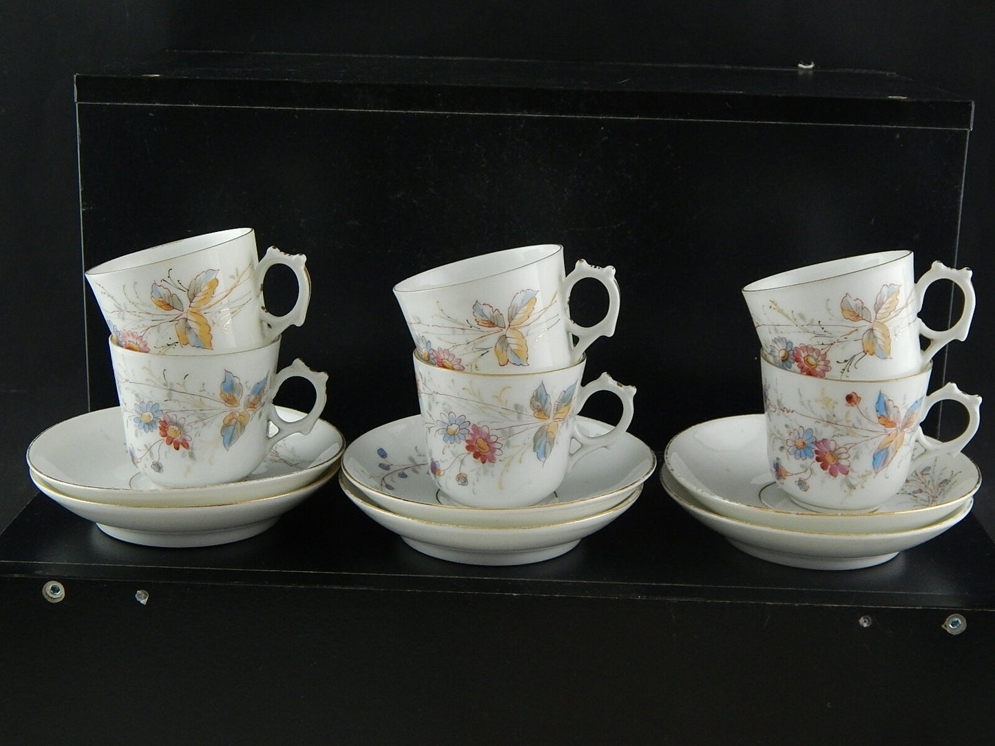 ANTICO SERVIZIO 6 TAZZINE PORCELLANA METÀ 800 DIPINTE A MANO COLLEZIONE AUTUNNO