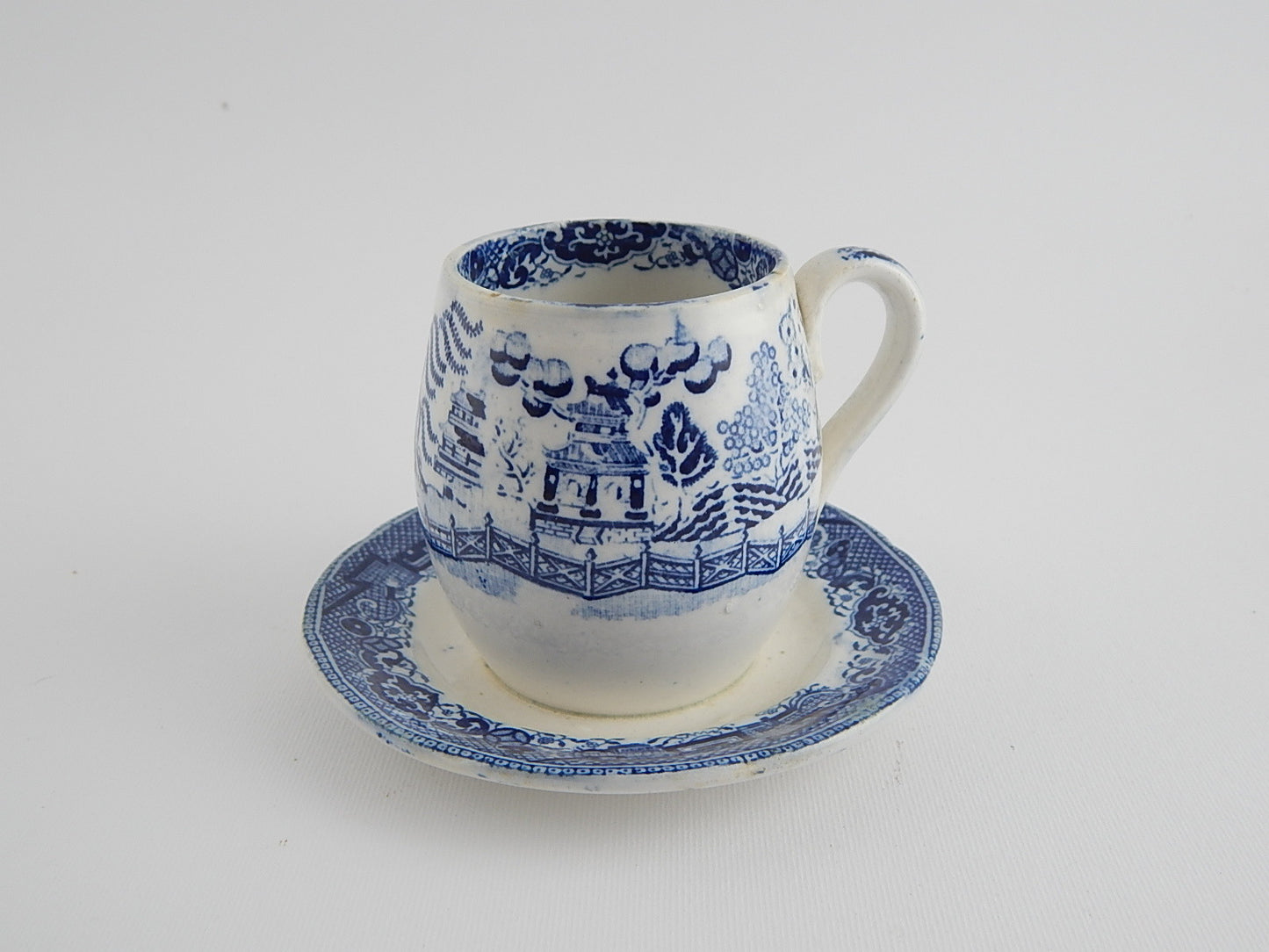 ANTICA MOSTARDIERA SALSIERA CERAMICA POTTERY INGLESE WILLOW COLONIALE META' 1800