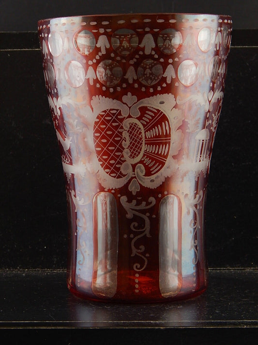 ANTICO PREZIOSO RARO VASO CRISTALLO DI BOEMIA RUBINO INCISO BIEDERMEIER #9347