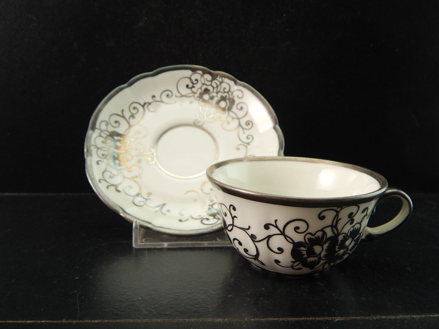 ANTICA TAZZINA CAFFE' PORCELLANA VERBANO LAVENO ART DECO DECORO ARGENTO #1461