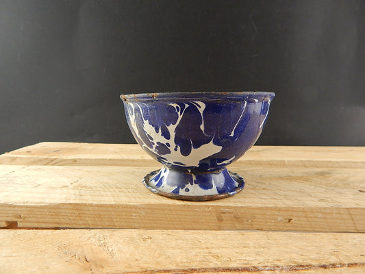 ANTICA SCODELLA CIOTOLA LATTA METALLO SMALTATA CAMOUFLAGE BLU COUNTRY CHIC