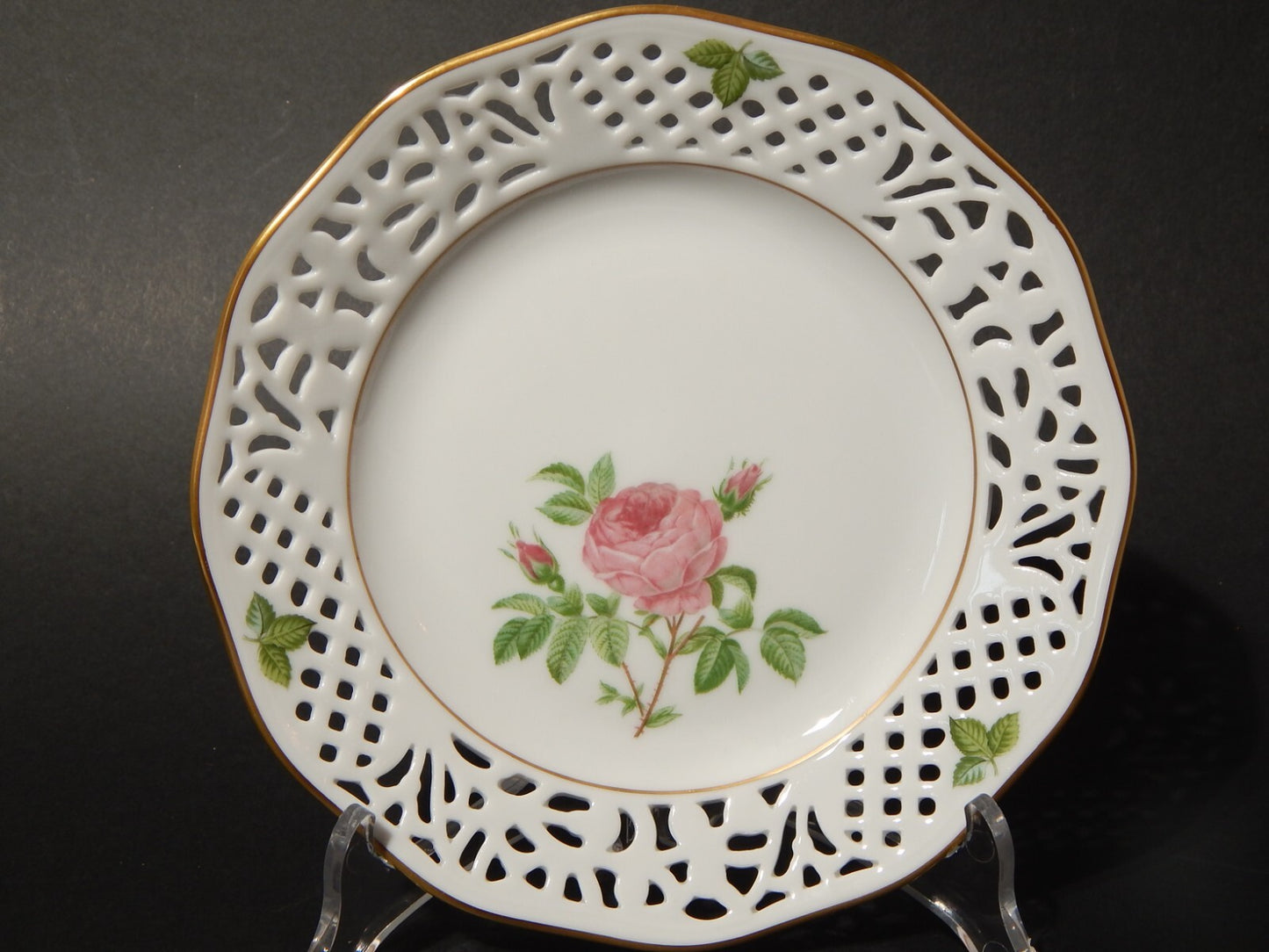 TRIO TAZZA PORCELLANA SCHUMANN BAVARIA PIERRE JOSEPH REDOUTE' ROSA BURGUNDIAN