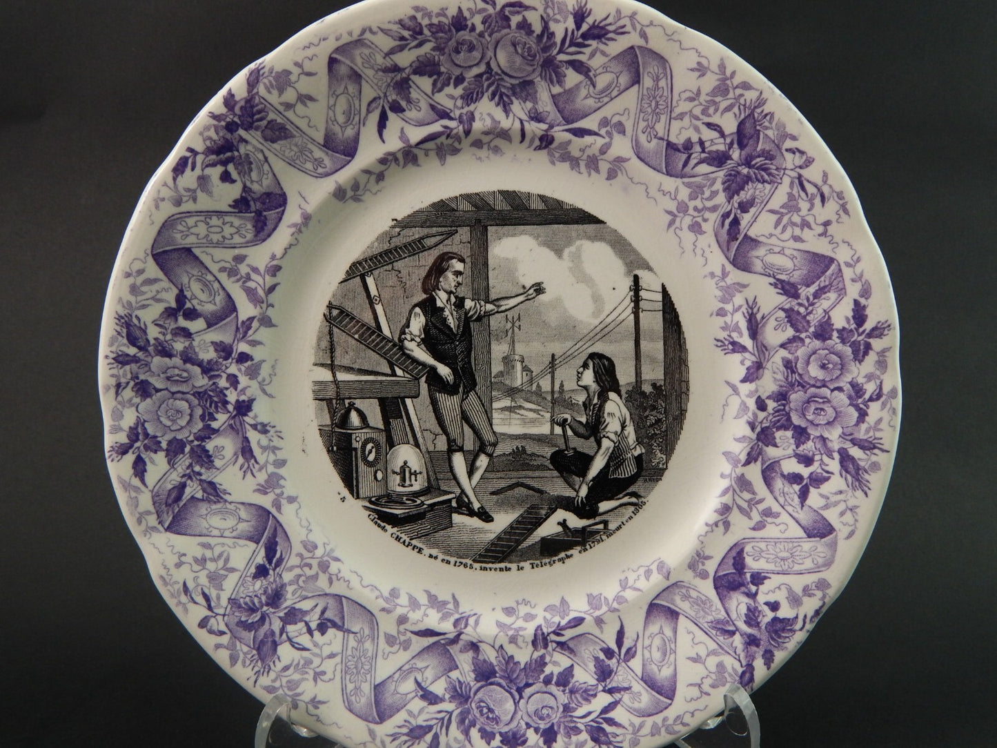 ANTICO PIATTO CERAMICA OPAQUE DE SARREGUEMINES 1800 COLLEZIONE INVENZIONI #1494