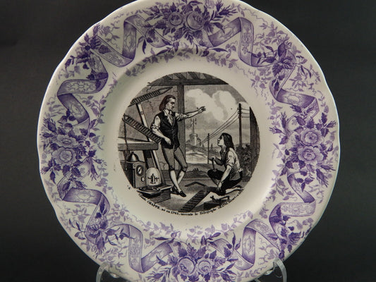 ANTICO PIATTO CERAMICA OPAQUE DE SARREGUEMINES 1800 COLLEZIONE INVENZIONI #1494