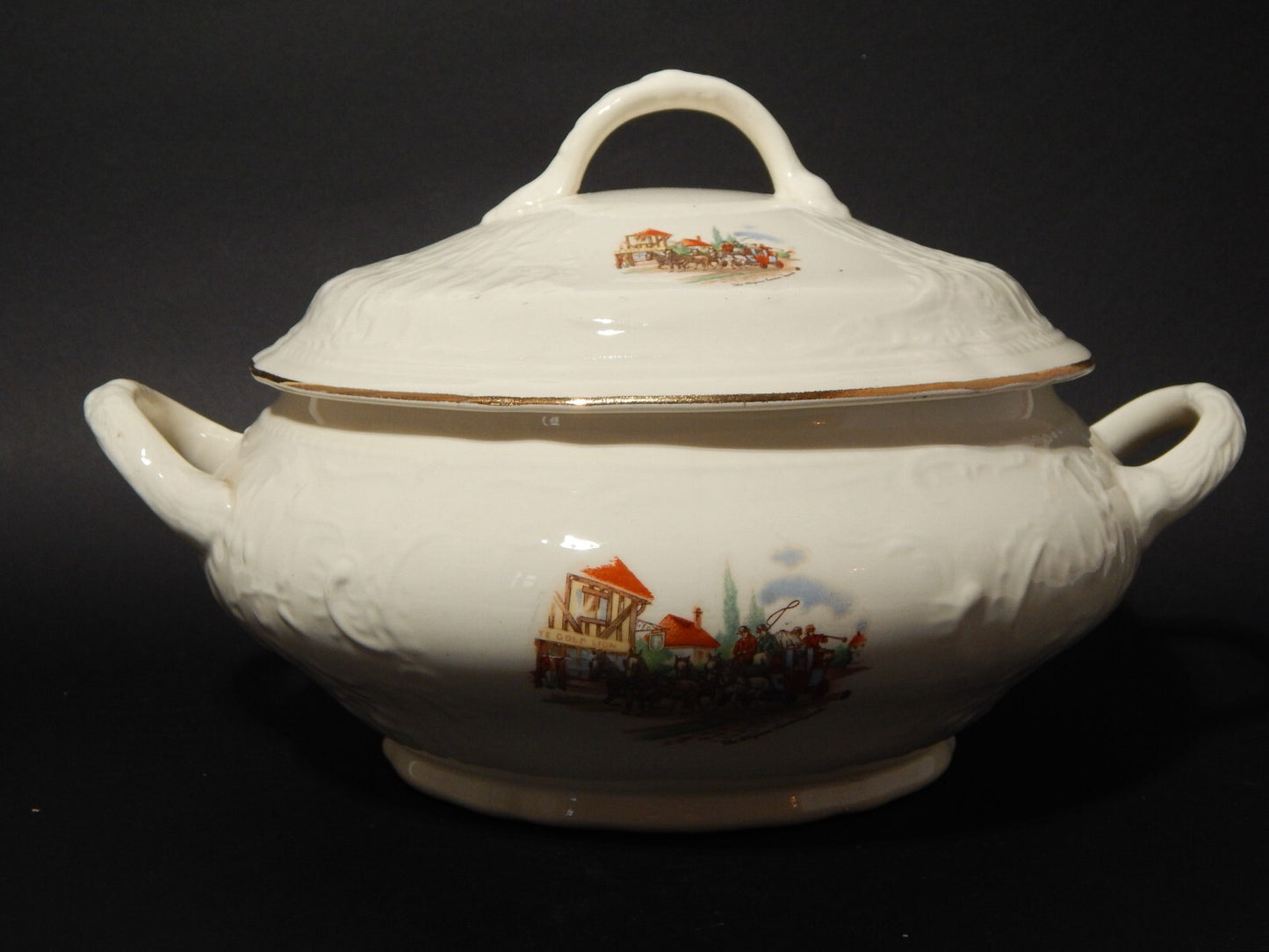 ANTICA ZUPPIERA CENTROTAVOLA CERAMICA LAVENO 1856 THE DILIGENCE LONDON IPSWICH