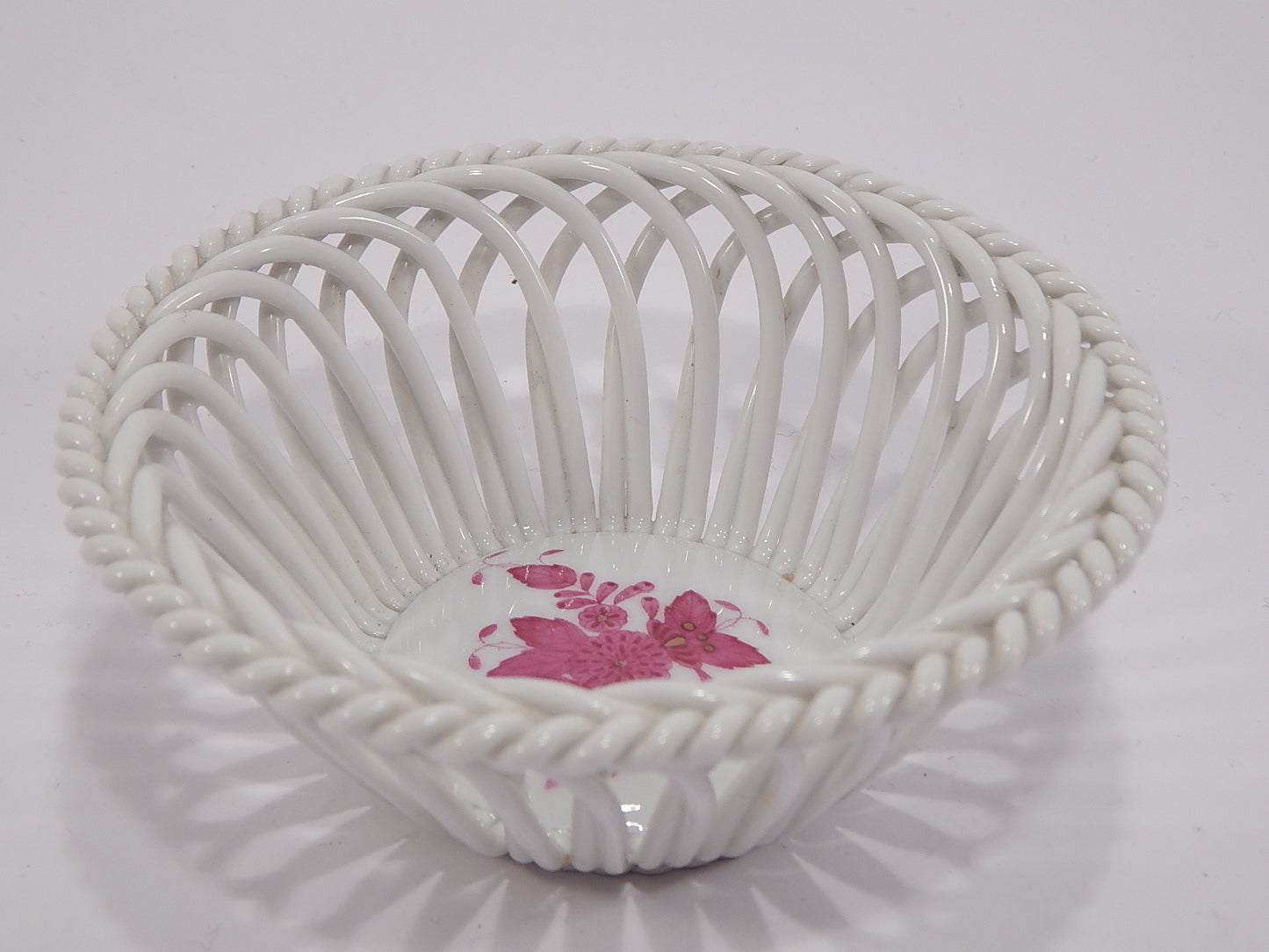 PORCELLANA HEREND ORIGINALE CESTINO TRAFORATO DECORO APPONYI ROSA COLLEZIONE