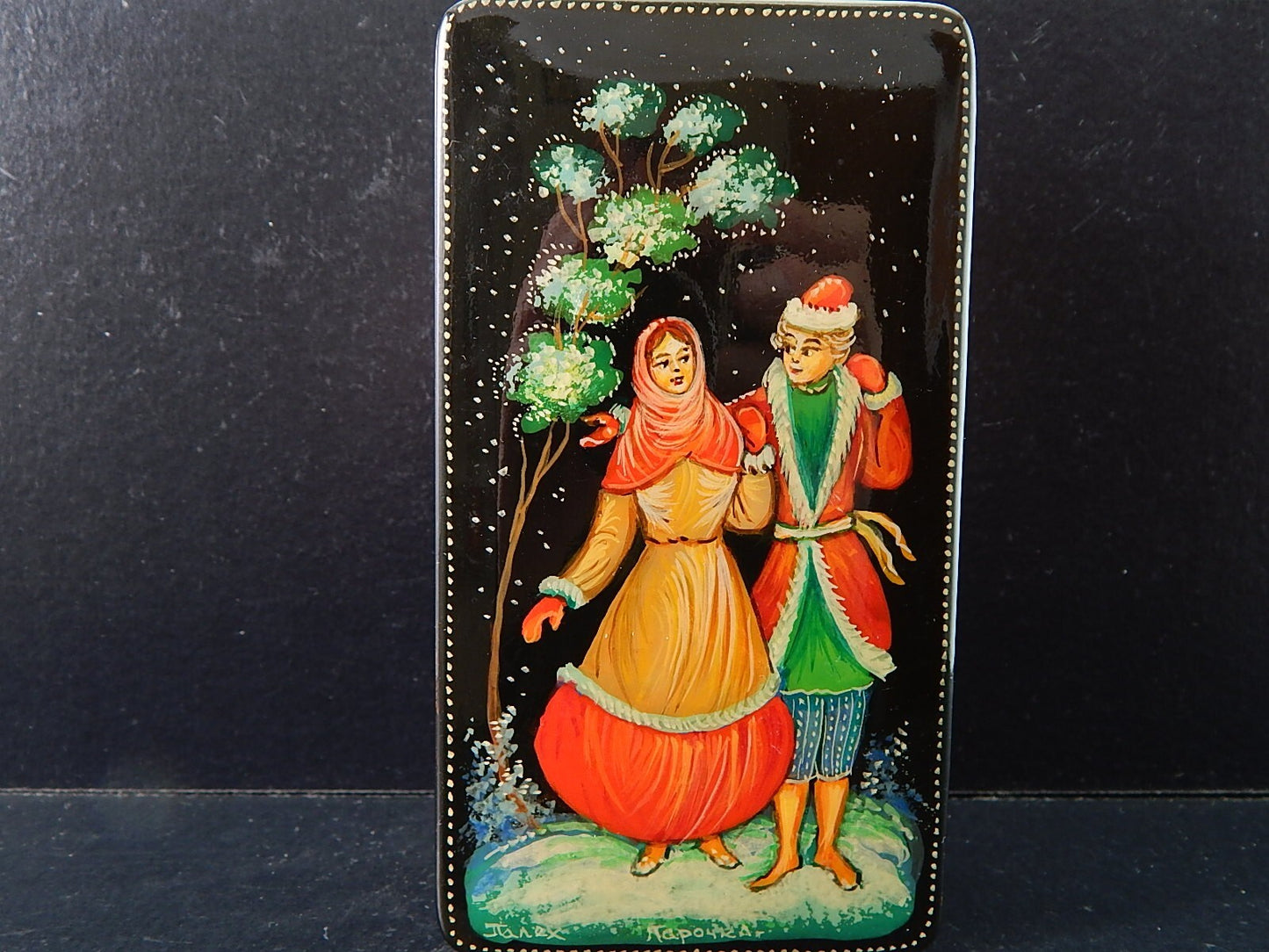 VINTAGE PREZIOSA SCATOLA COFANETTO RUSSO LEGNO LACCATO DIPINTA E FIRMATA #