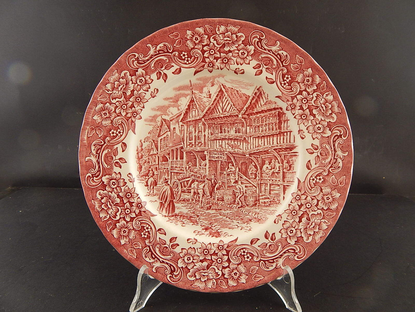CERAMICA VINTAGE PIATTO ROYAL TUDOR STAMPATO A MANO DA MELLOR BIANCO-ROSSO