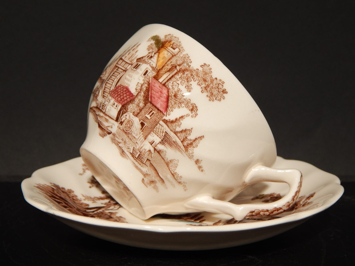 VINTAGE TAZZA DA TE' SEMI PORCELLANA JOHNSON BROS THE OLD MILL STAMPA A MANO