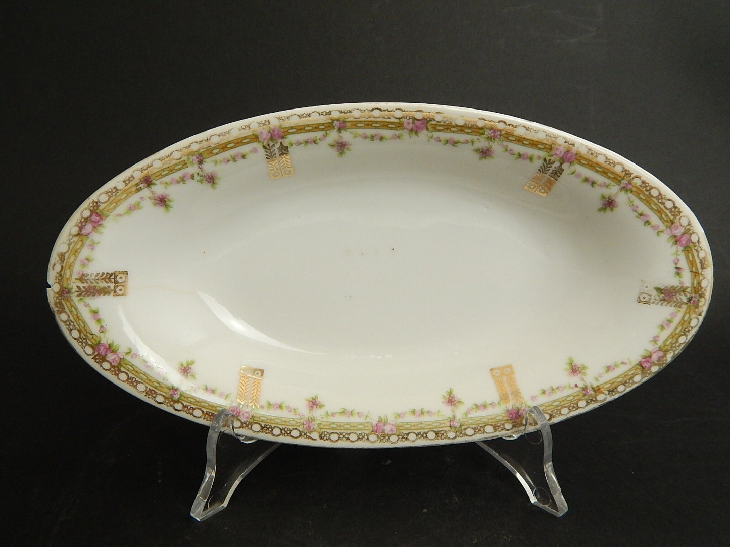 ANTICA RAVIERA VASSOIO PORCELLANA GINORI LIBERTY GHIRLANDE DI ROSE ORO DIFETTO