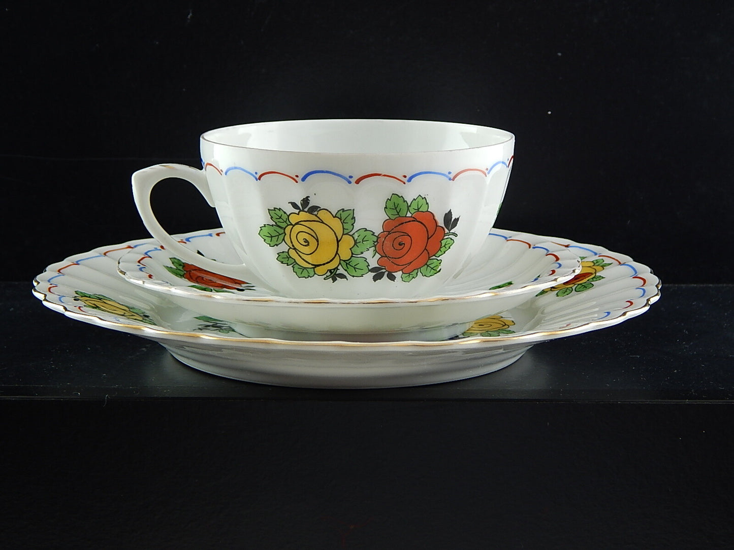 ANTICO SET TRIO TAZZA TÈ 2 PIATTI PORCELLANA WÜRTTEMBERG BAUER & PFEIFFER