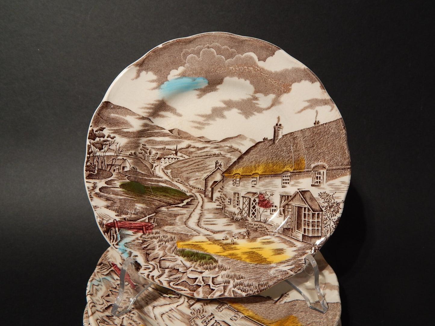 VINTAGE SERVIZIO 6 PIATTI DOLCE CERAMICA W. H. GRINDLEY STAMPA MANO QUIET DAY