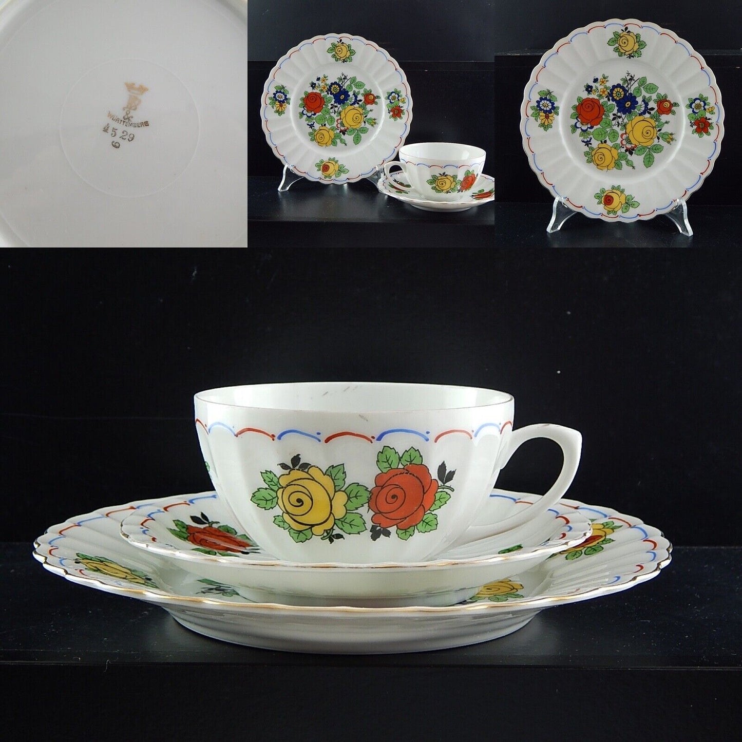 ANTICO SET TRIO TAZZA TÈ 2 PIATTI PORCELLANA WÜRTTEMBERG BAUER & PFEIFFER