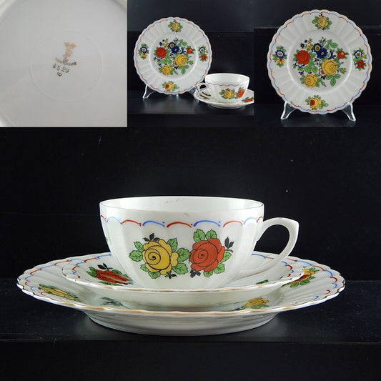 ANTICO SET TRIO TAZZA TÈ 2 PIATTI PORCELLANA WÜRTTEMBERG BAUER & PFEIFFER