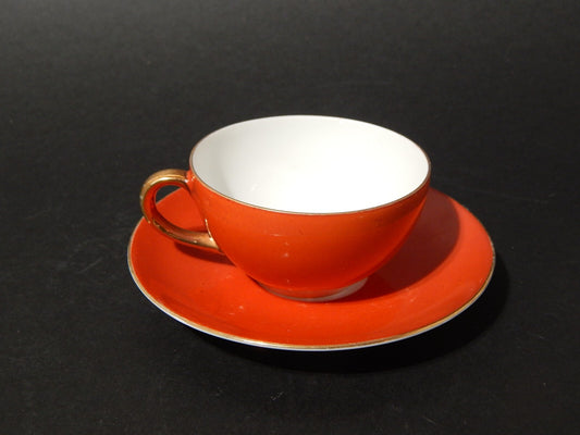 ANTICA RETRO' PREZIOSA TAZZINA PORCELLANA COLORE ARANCIO E ORO