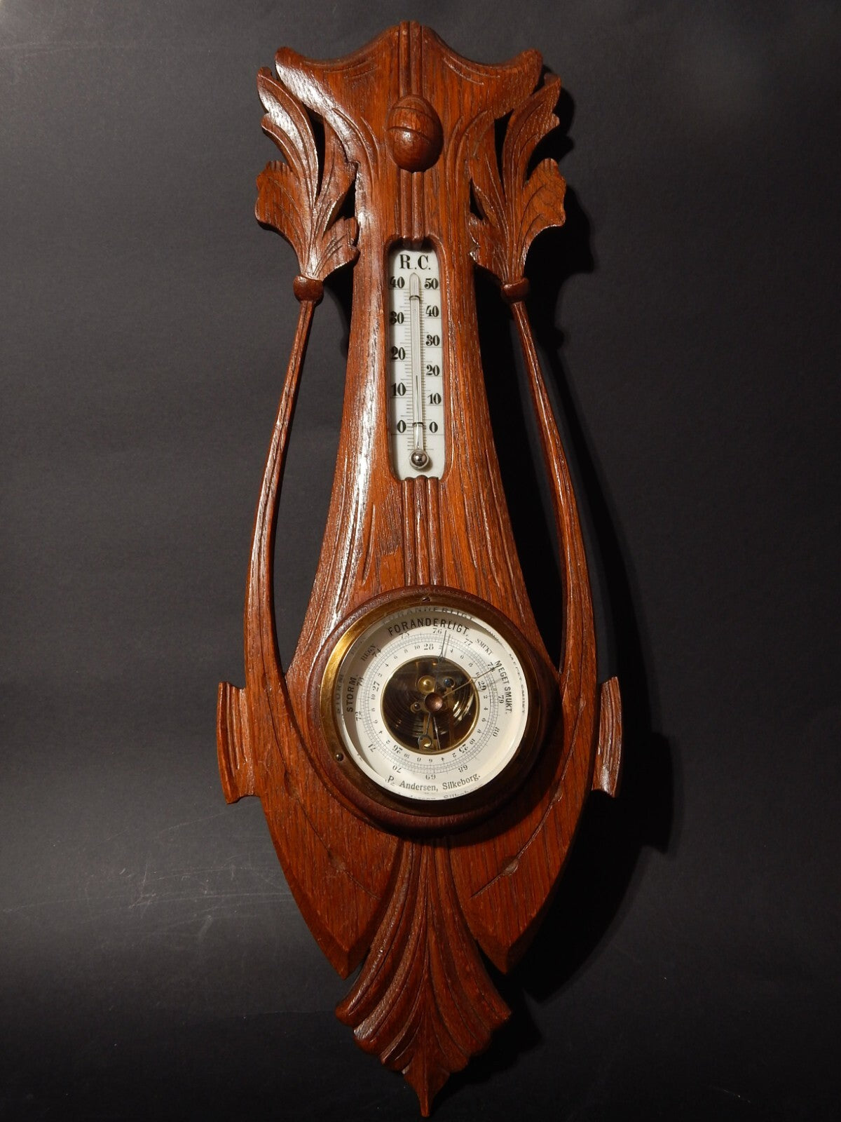 ANTICO EPOCA LIBERTY ART DECO BAROMETRO ANEROIDE E TERMOMETRO SU STRUTTURA LEGNO