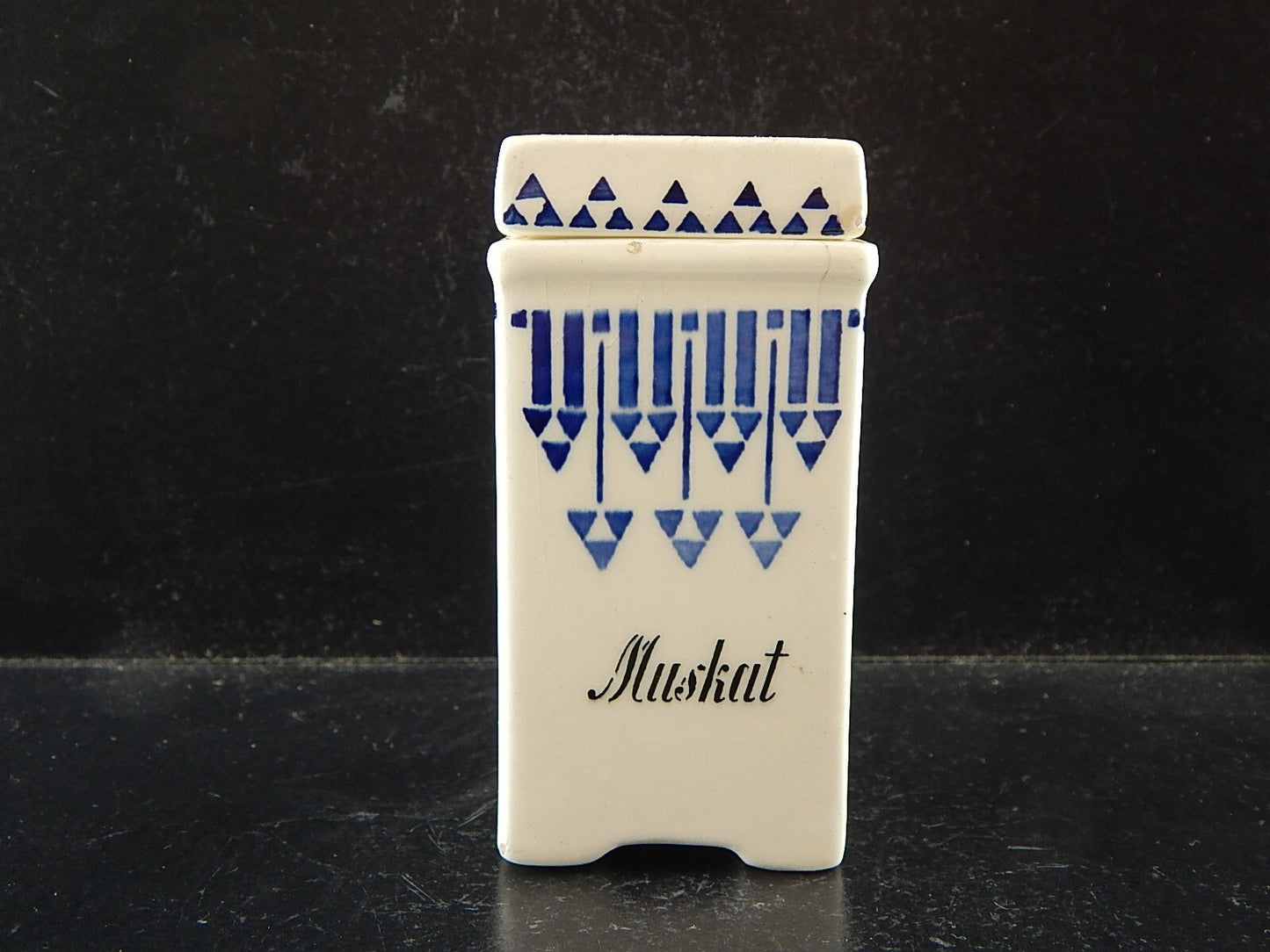 ANTICO BARATTOLO SPEZIE CERAMICA NOCE MOSCATA CUCINA ART DECO 1900 BIANCO BLU