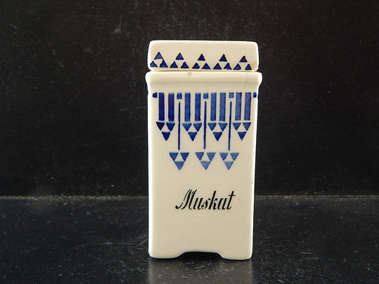 ANTICO BARATTOLO SPEZIE CERAMICA NOCE MOSCATA CUCINA ART DECO 1900 BIANCO BLU