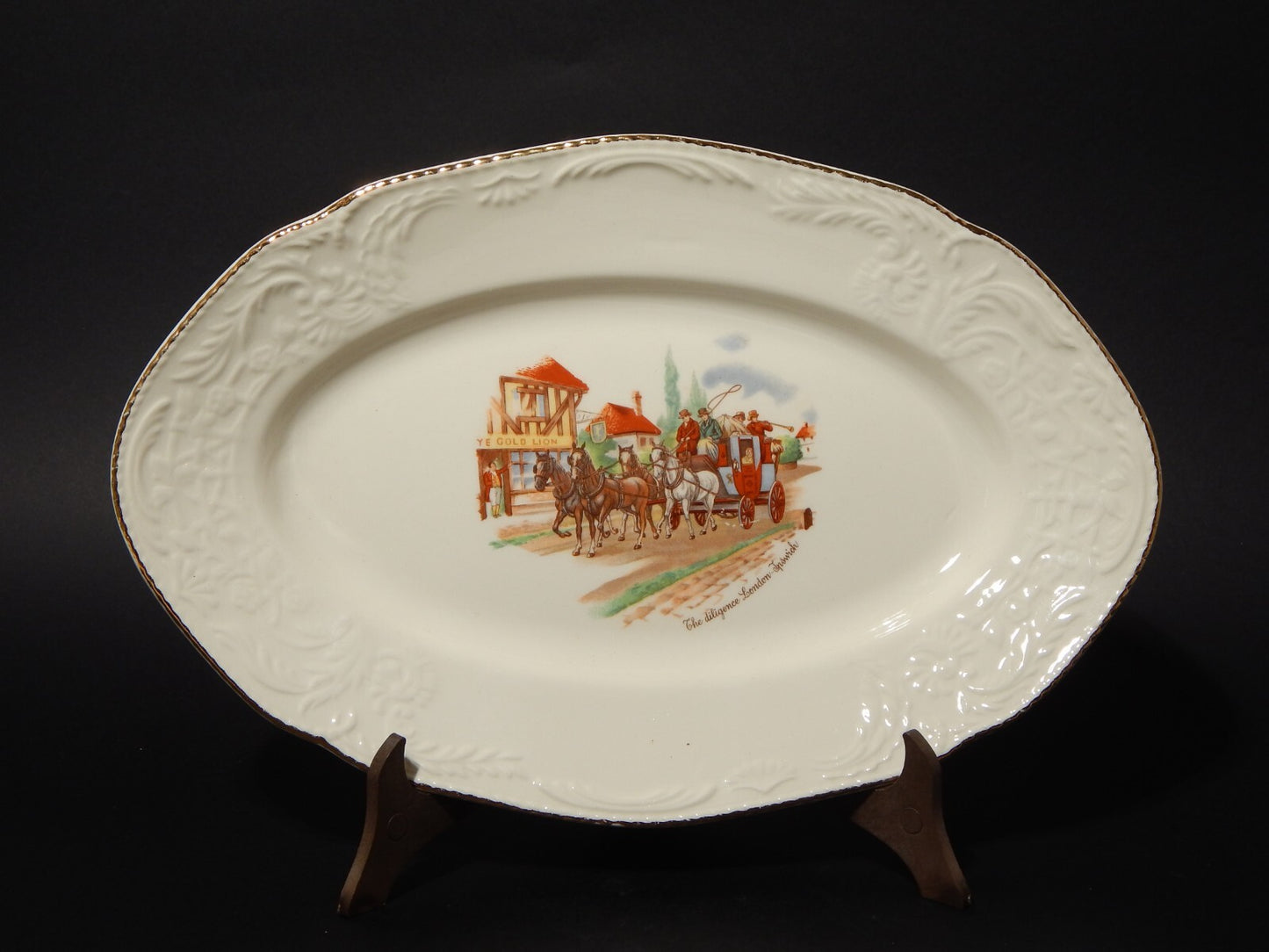 ANTICO VASSOIO OVALE CERAMICA LAVENO SINCE 1856 THE DILIGENCE LONDON IPSWICH