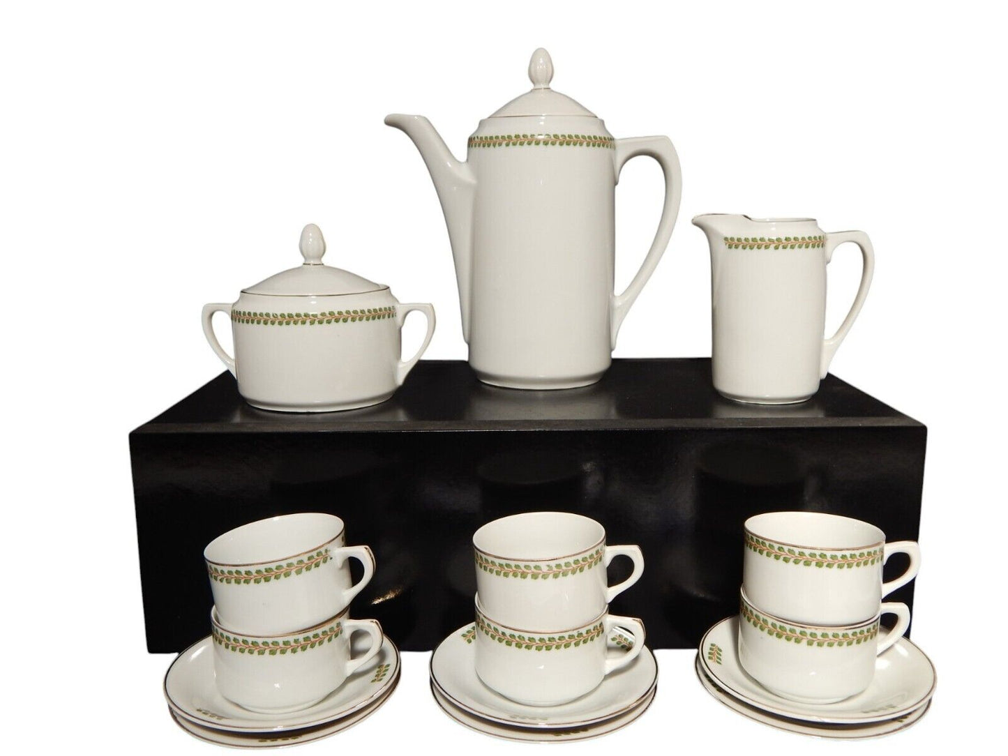 ANTICO IMPERO SERVIZIO CAFFÈ PORCELLANA BIANCA GHIRLANDE PICCOLE FOGLIE VERDI