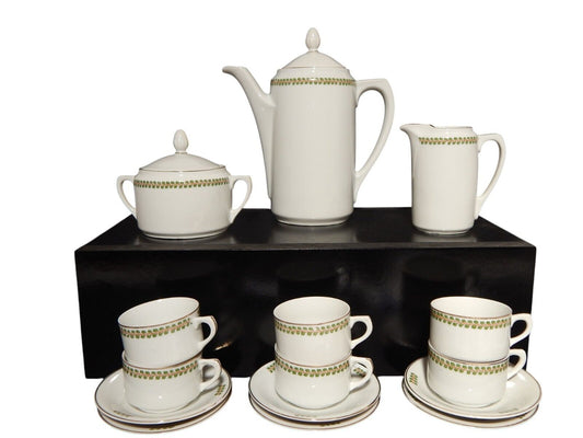 ANTICO IMPERO SERVIZIO CAFFÈ PORCELLANA BIANCA GHIRLANDE PICCOLE FOGLIE VERDI